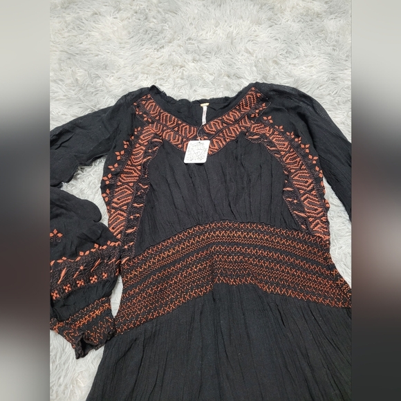 Free People Black Embroidered Boho Midi Handkerchief Hem Peasant Dress, XS - Picture 5 of 5